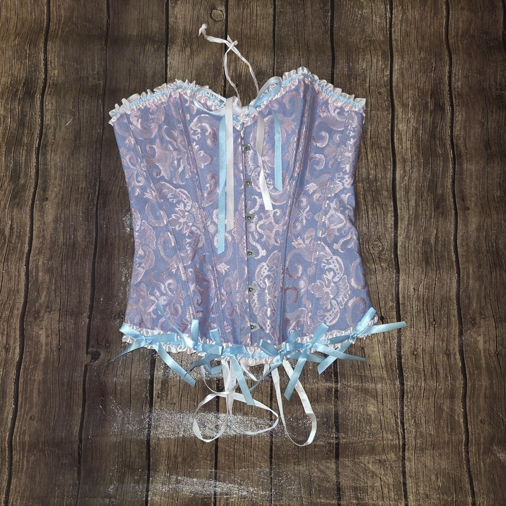 Satin Overbust Corset Womens XS Pink Blue Floral‎ Coquette Dollete Grunge Fairy